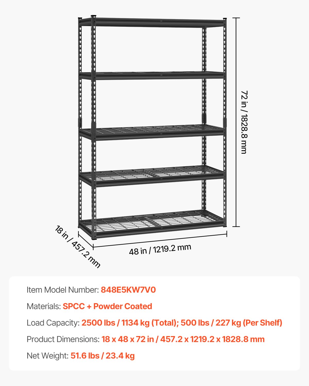 VEVOR Scaffale Portaoggetti Carico Totale max. 1134 kg Scaffale con 5 Ripiani per Garage Ripiani in Metallo Regolabili 457,2 x 1219,2 x 1828,8 mm Ripiano Portaoggetti da Cucina, Magazzino Officina