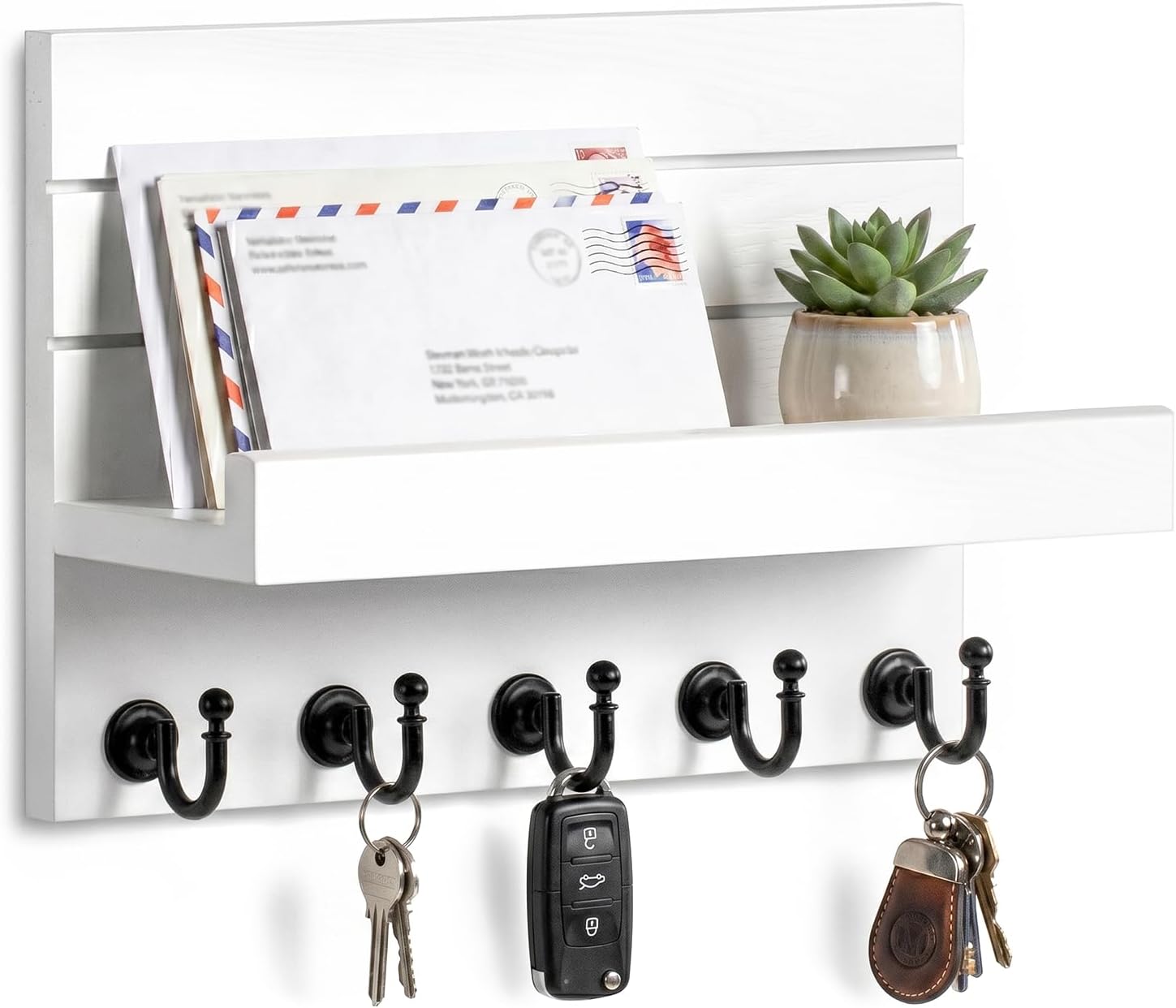 HONJIN Key Holder for Wall: Easy Installation Mail Organizer Wall Mount Hanging Key Rack for Kitchen and Entryway Decor with 5 Sturdy Key Hooks (White)