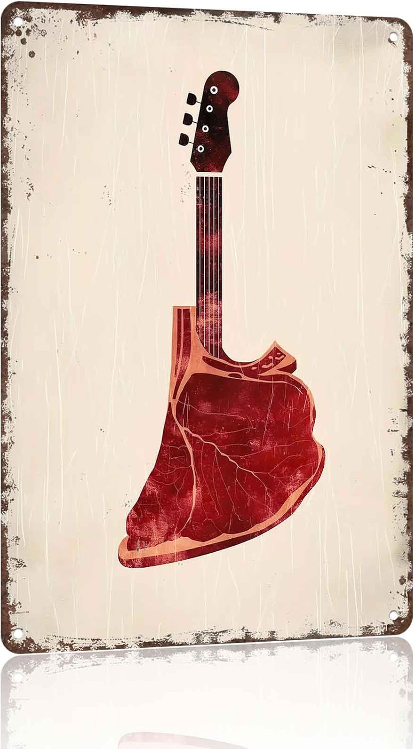 Steak Guitar Art Metal Sign 8x12 Inch for Music Studio Wall Decor