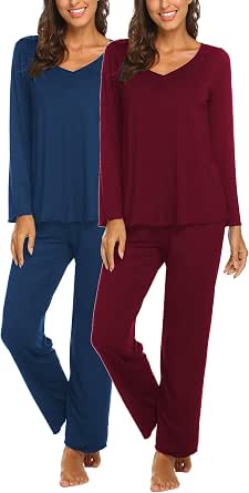 WiWi Women's Bamboo Viscose Pajama Set - Soft, Breathable, S-XXL, V-Neck Top & Elastic Waist Pants