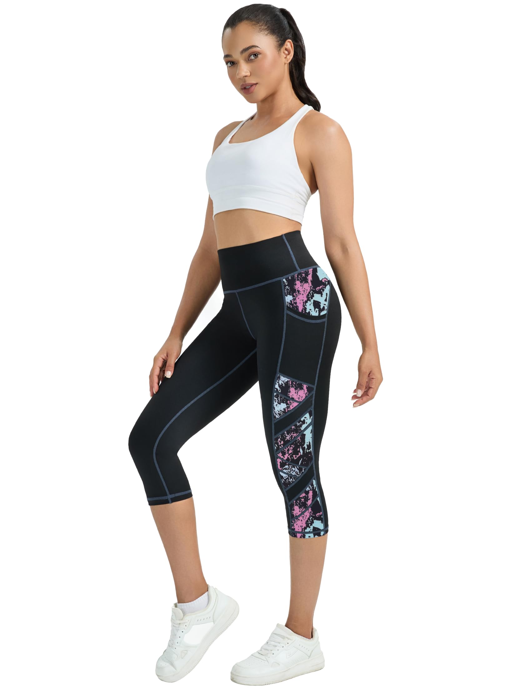 Pantalon de sport 3/4 pour femme - Avec poches - Opaque - Pantalon de fitness - Pantalon de course pour femme