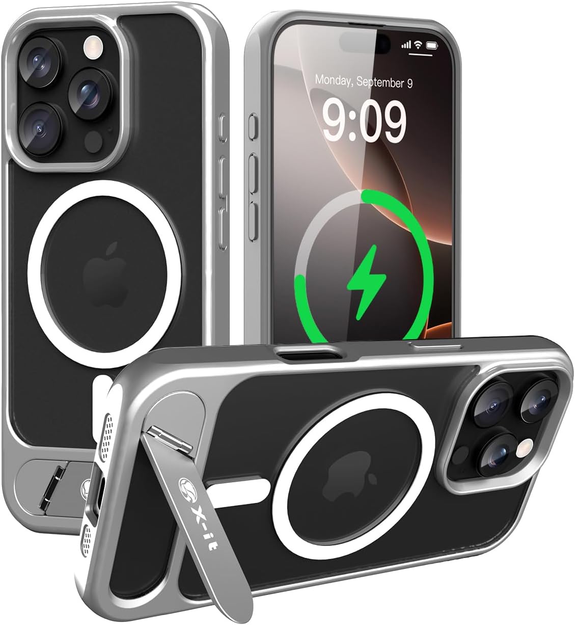 X-it Compatible for iPhone 16 Pro Magnetic Case with Stand,16FT Military-Grade Drop Protection,Built-in Invisible Kickstand Matte Translucent Slim Phone Cover for 16 Pro 6.3 inch,Black
