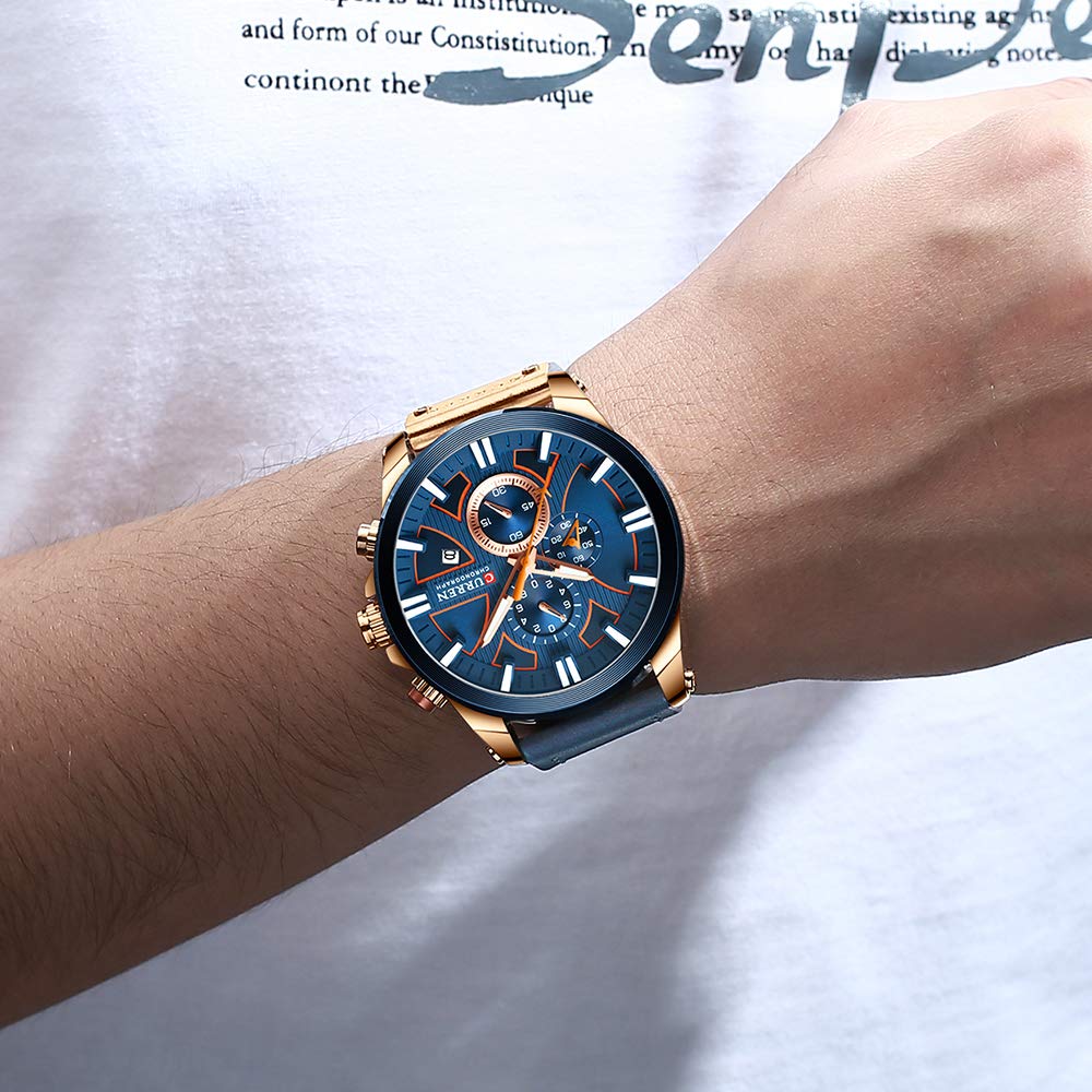 CURREN Mens Watches Chronograph Big Dial Male Watch Wrist Leather Waterproof Sport Army Military (rose gold blue)