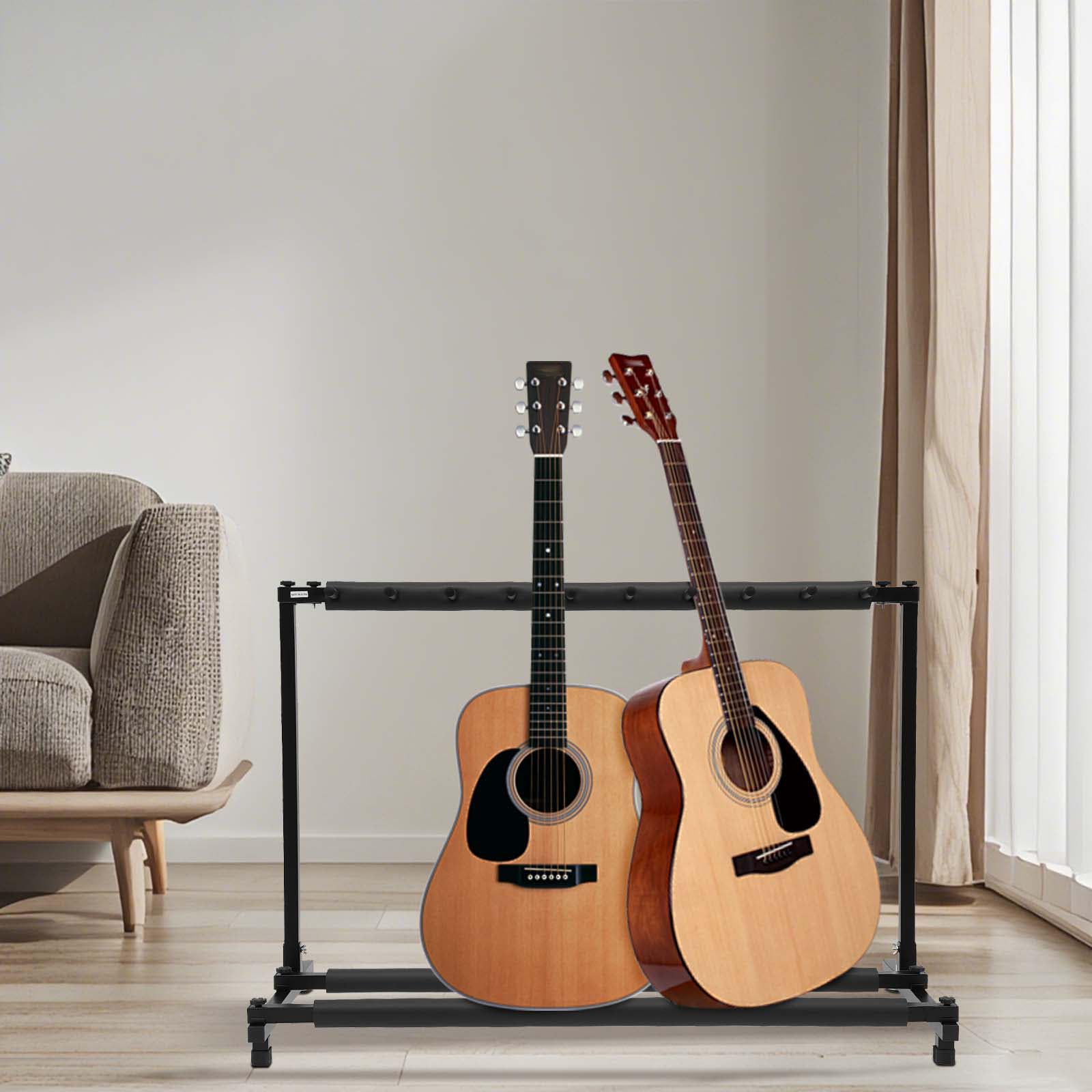 Stojak na gitarę, 9 przestrzeni, składany stojak na gitarę, wielokrotny, stojak basowy, stojak na gitarę, stabilny wyświetlacz, 110 x 47 x 73 cm, do gitary akustycznej, gitary elektrycznej, torba na