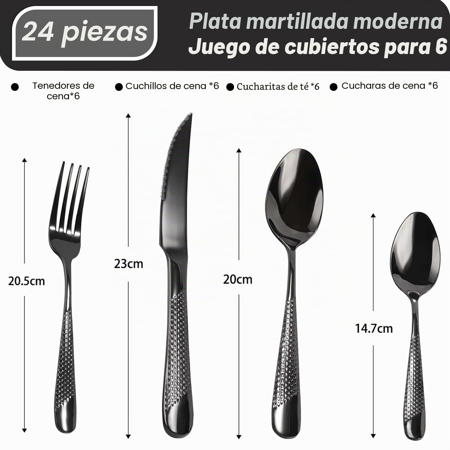 VIQWYIC Juego de cubiertos de 24 piezas, cubiertos martillados, cuchillo de acero inoxidable, tenedor, cuchara, juego de cubiertos para 6 personas, modernos cubiertos de plata para