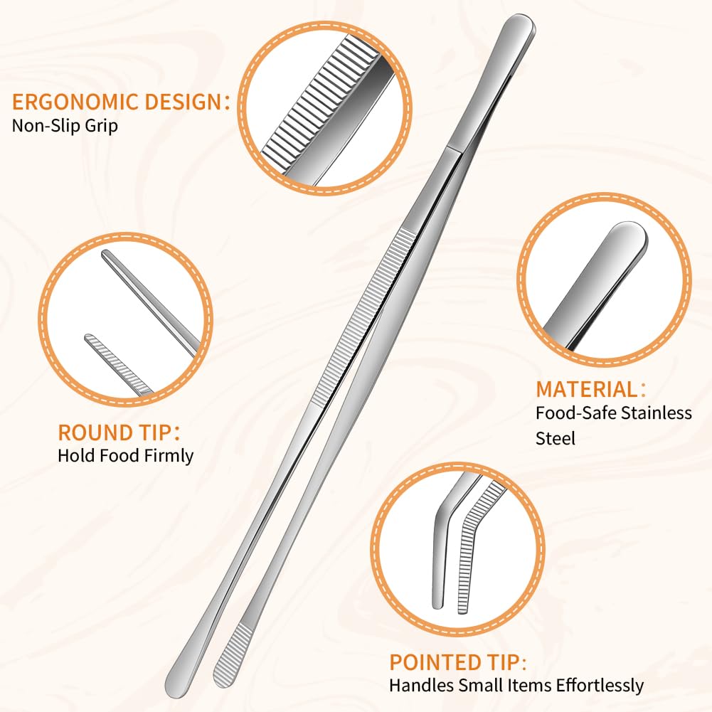 Adiwo Kitchen Tweezers Tongs 2pcs, 30cm Extra-Long Non-Slip Cooking Tweezers, Stainless Steel Metal Food Tongs, for BBQ, Frying, Salad, Hot Pot, Air Fryer, Silver - Straight Head + Round Head - 4