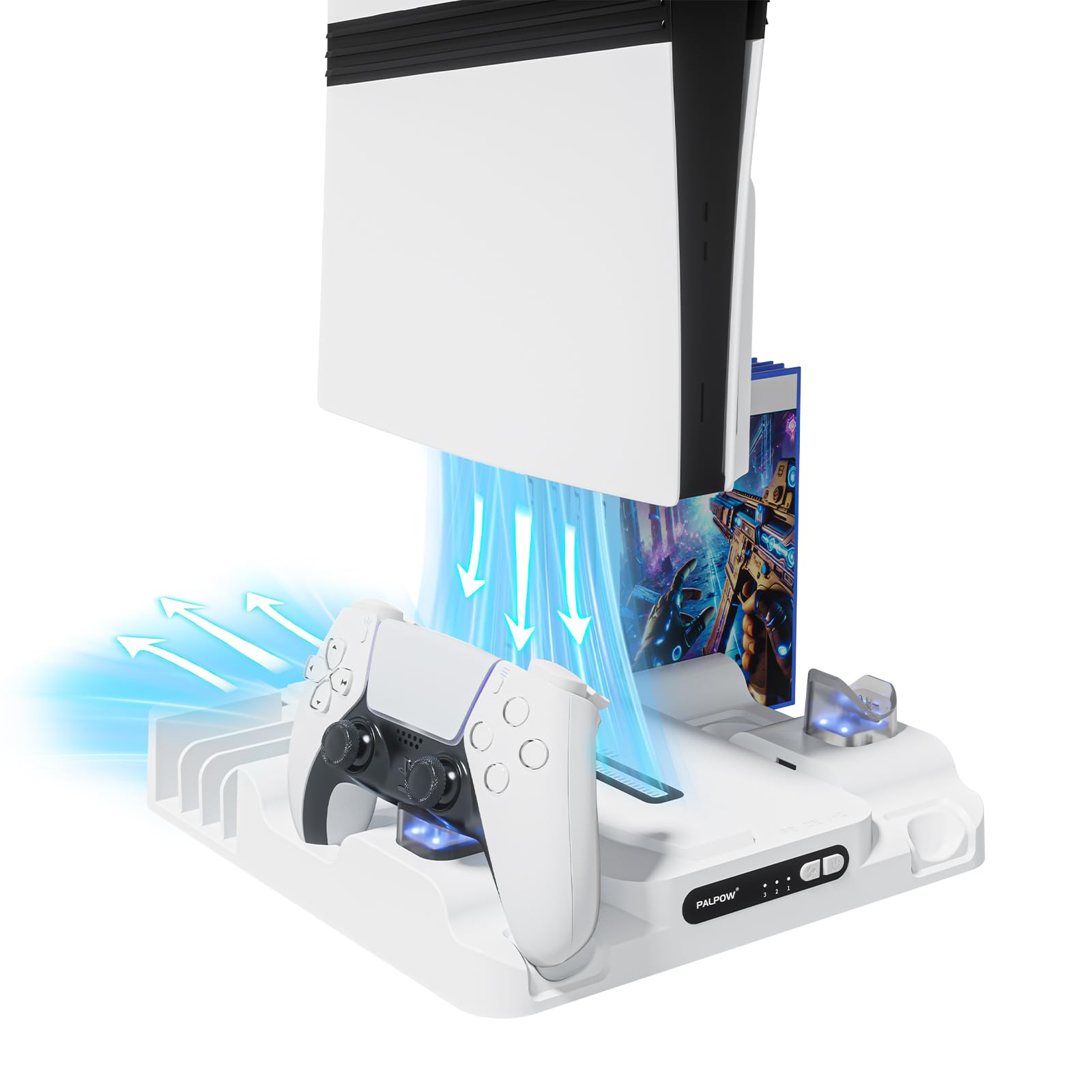 Supporto di raffreddamento PALPOW compatibile con PS5 Pro/Slim/PlayStation 5, disco e caricabatterie digitale per accessori PS5 - Ventola a 3 velocità, illuminazione LED - Bianco