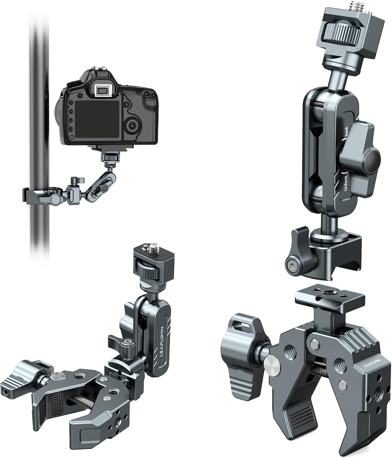 360° Ballhead Camera Clamp Mount with NATO Rail | Multi-Screw Base (1/4" & 3/8") for DSLR/LED Panels/Phone Tripod | Heavy Duty Magic Arm Clamp for Studio/Outdoor Filming (Aluminum Alloy)