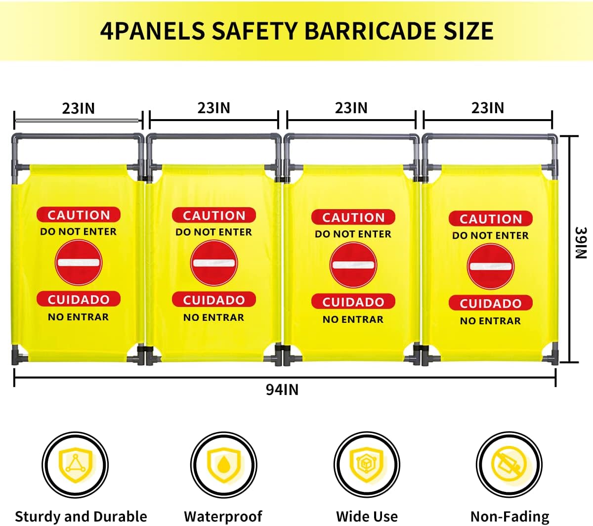 4 Panels Safety Barricade, 7.8FT Removable Foldable Security Gates Barrier with Heavy Duty PVC Frame, English&Spanish Bold Font and Graphics, Traffic Barricade for Indoor and Outdoor Use (Yellow)