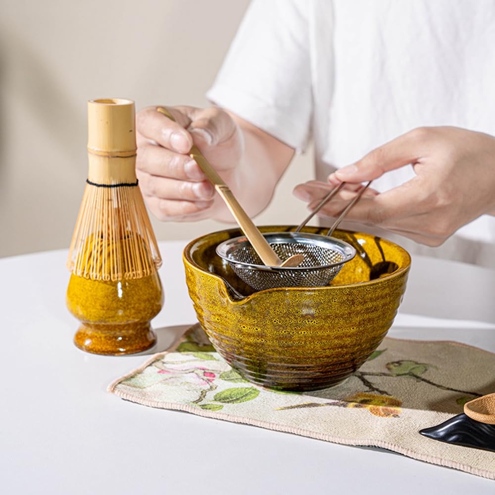 Juego de 8 batidores de matcha con caja de regalo, juego tradicional de ceremonia de té japonés, juego de cuencos de cerámica para cambiar el horno, juego de cuencos de matcha a rayas horizontales