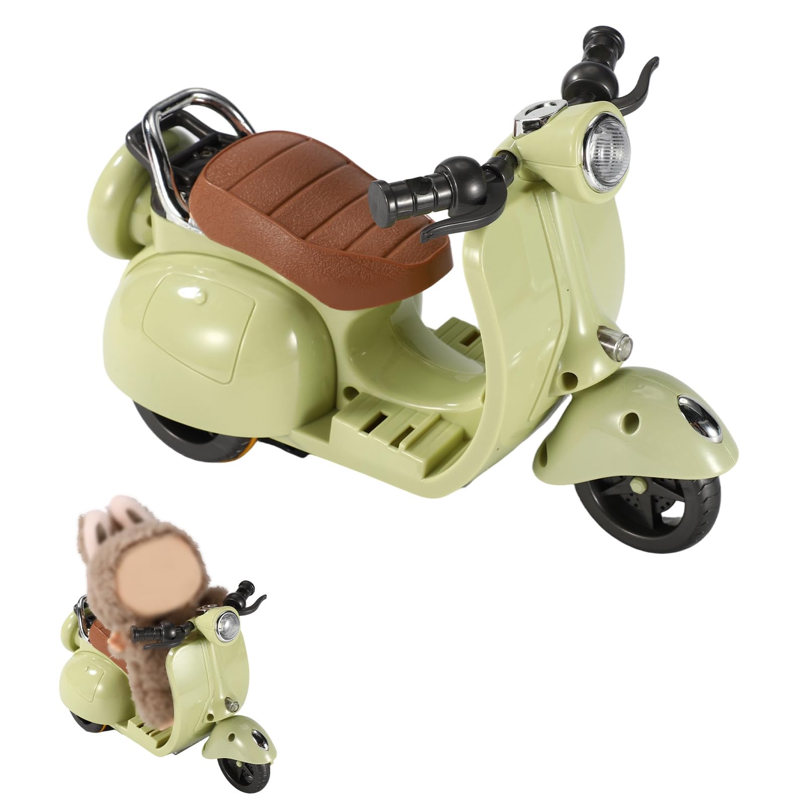 BTFO Doll Scooter Toy with Lights & Music, Rotating Interactive Motorcycle Model Toy Vehicle Fun Desktop Decor Accessories for Doll Collectors (Green)