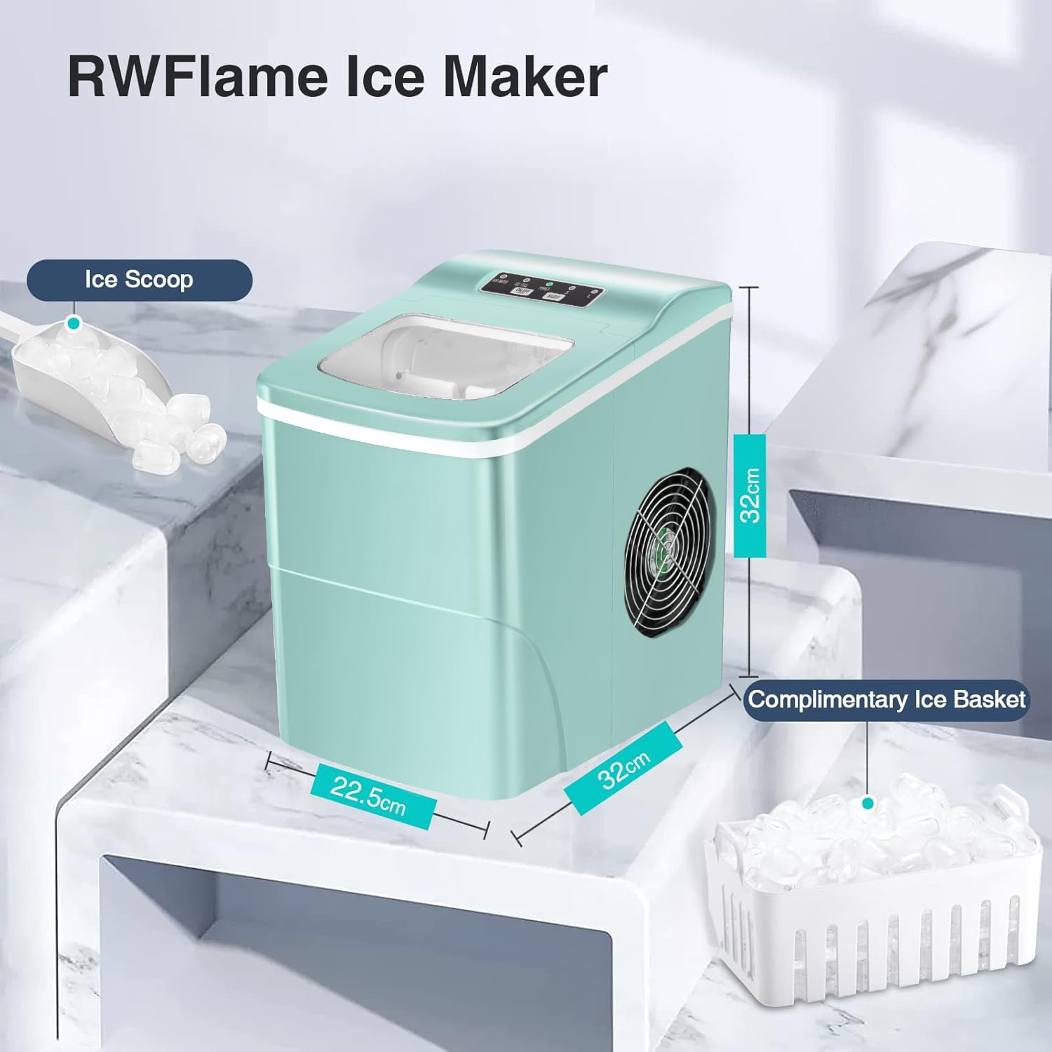 R.W.Flame Countertop Ice Maker 9 Bullet Ice Cubes In 6 Mins, 26lbs/24hrs, Ice Maker Machine With Self-Cleaning, Basket And Scoop For Home Office Kitchen Bar Party, Green on Fridge.com - View 2