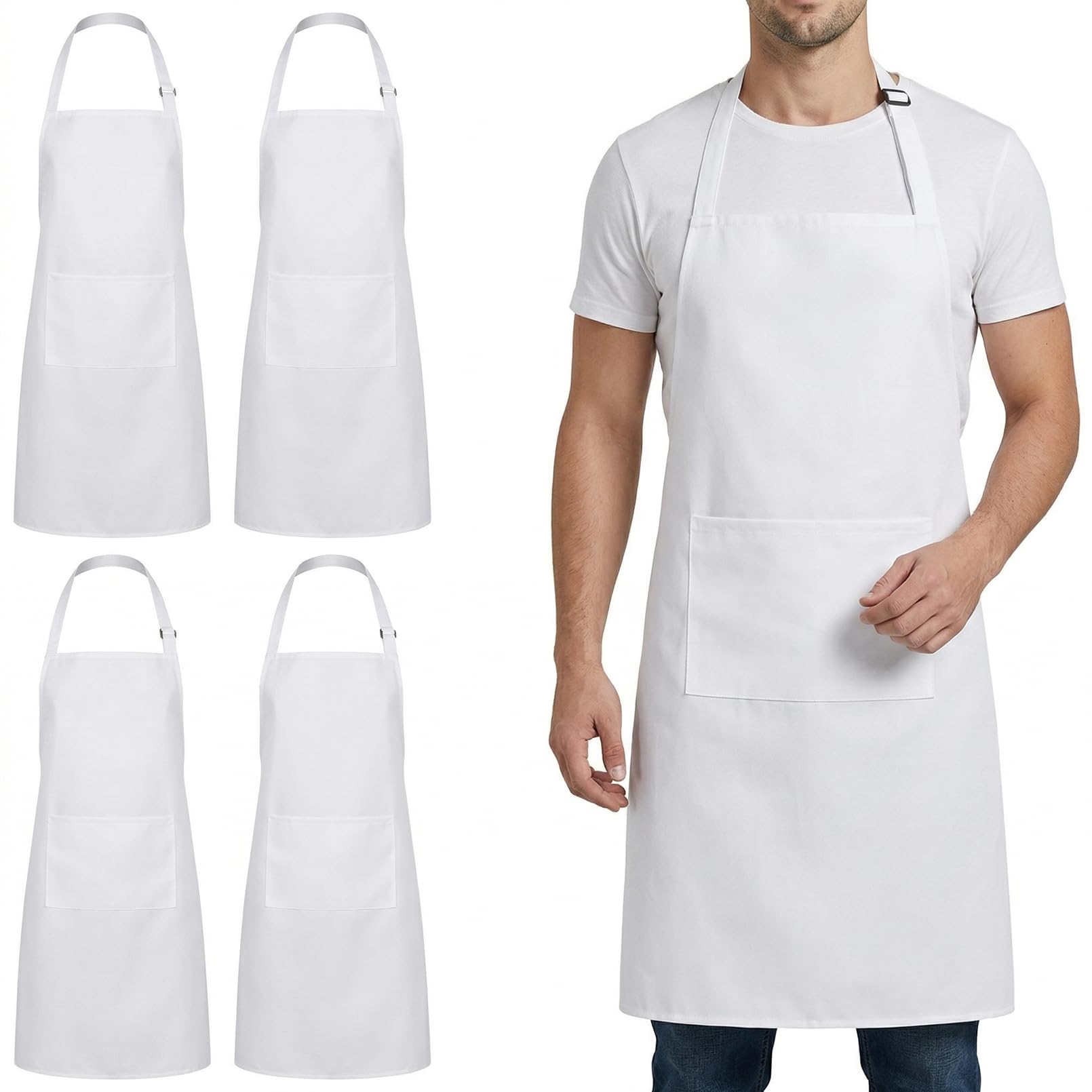 Preocea Women's White 4 Pack Chef Aprons, Adjustable Apron With 2 Pockets, Waterproof Polyester Kitchen Apron For Men, Cooking Aprons With Long Ties For Restaurant Bbq Baking,