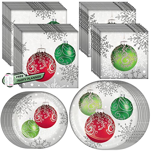 Creative Converting Elegant Ornaments Dinnerware Party Bundle - 8 Paper Dinner & Dessert Plates, 16 Luncheon & Beverage Napkins - Silver Snowflake Red Green Balls Christmas Disposable Dinner Set Decor #TOP14