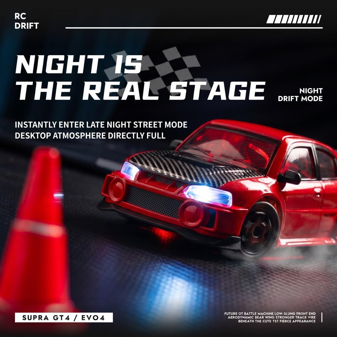 NULA Mini auto RC Drift per scrivania, corse indoor e pavimenti, 1:43, 4WD con controllo proporzionale del gas da 2,4 GHz, luce LED per adulti hobbisti (rosso/CZ4106)