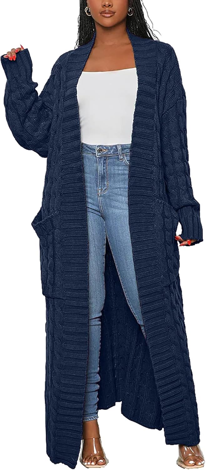 SHINFY Women Long Sleeve Open Front Knit Long Cardigan Casual Knitted Maxi Sweater Coat Outwear with Pockets