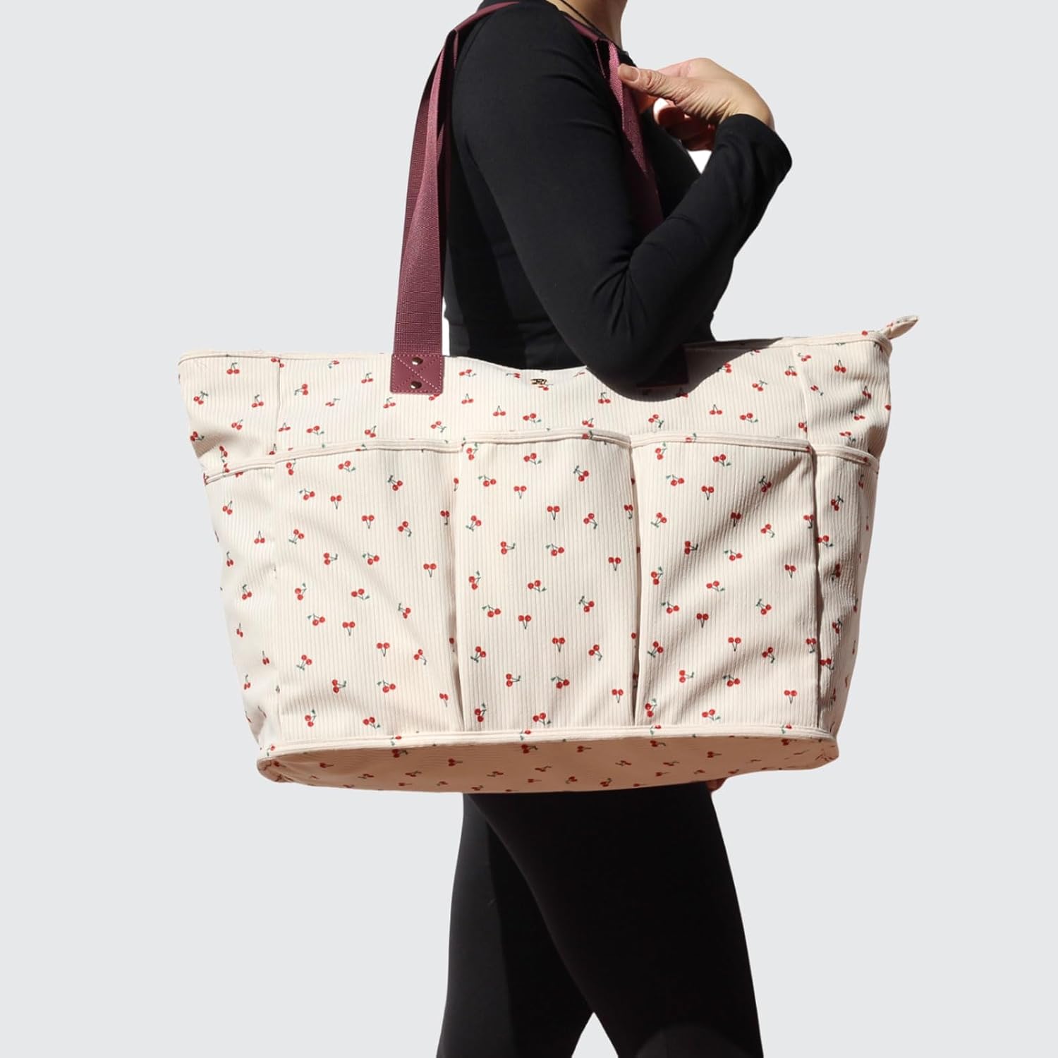 Corduroy Women Ladies Weekender Bag Muti-pockets Overnight Carry-on Duffel Travel Gym Tote Luggage Duffle with Trolley Sleeve (Corduroy cherry)