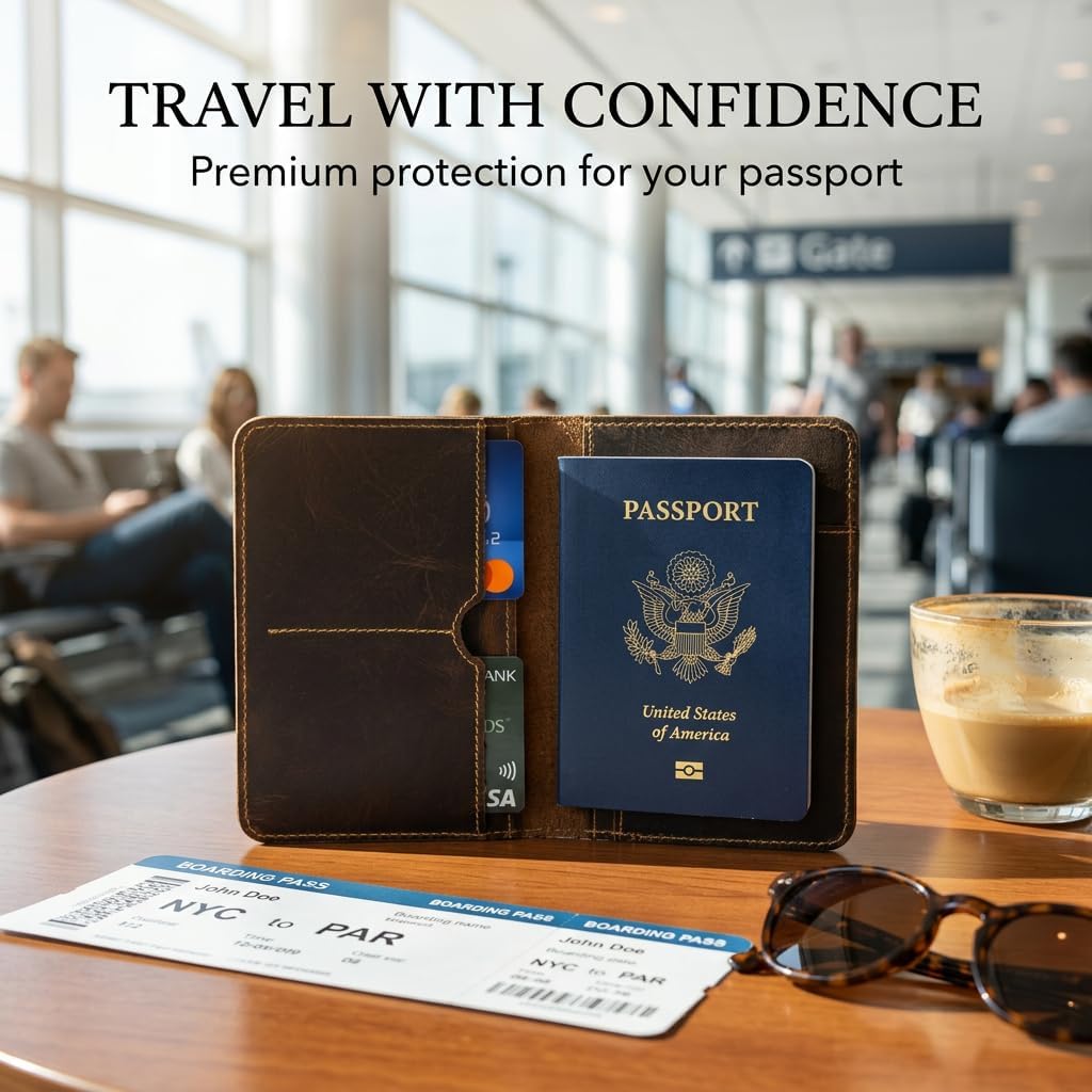 Rustique Leather Passport Holder Collection - Handmade Travel Wallet & Organizer - Full Grain Crazy Horse Leather Covers for Men & Women (Multiple Styles) (Smoky Bourbon)
