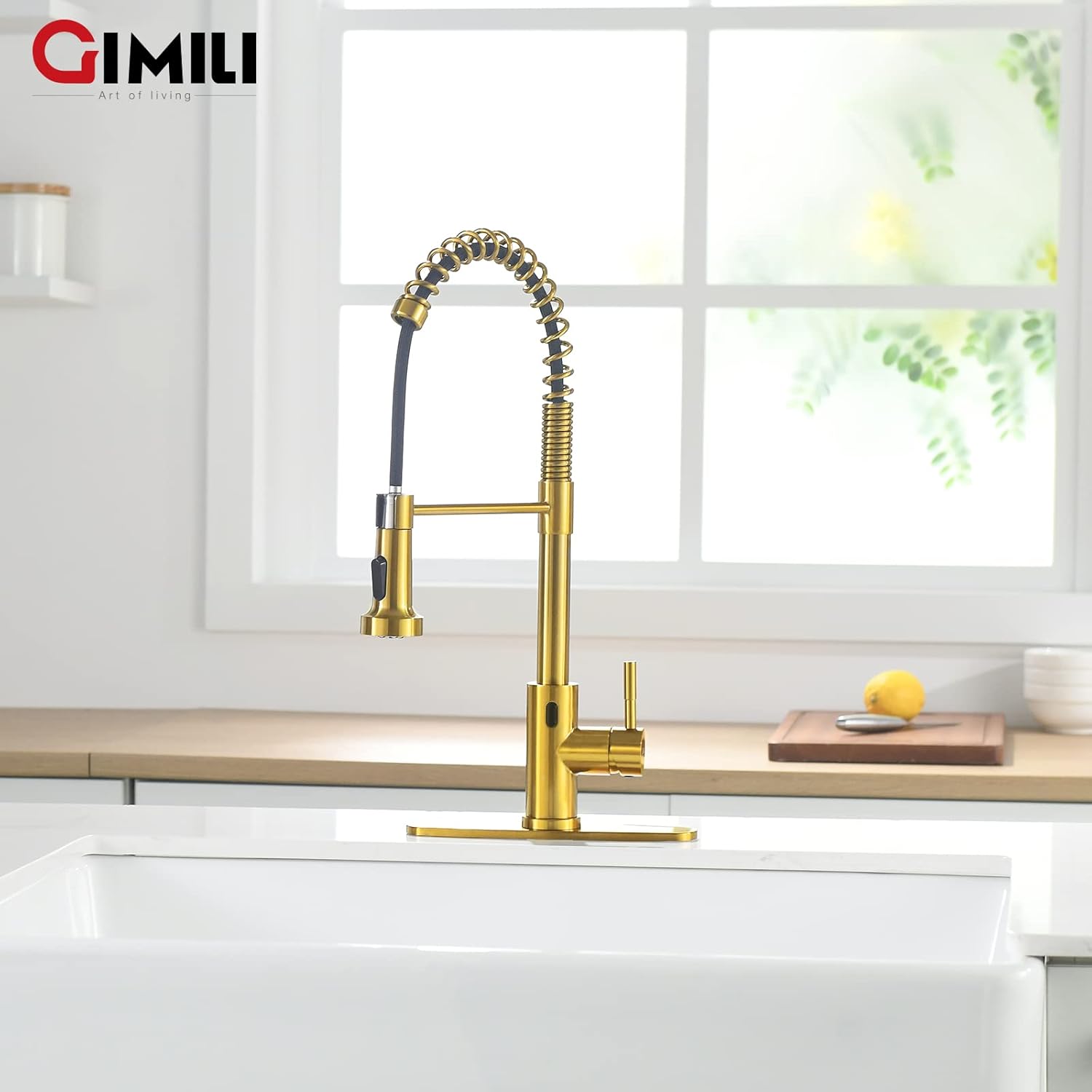 Gold Touchless Kitchen Faucet with Pull Down Sprayer, GIMILI Motion Sensor Smart Hands-Free Activated Single Hole Spring Faucet for Kitchen Sink - - 
