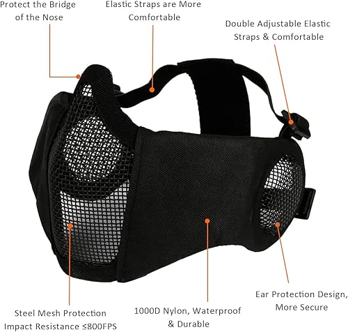 Miniatura 8 de Aoutacc Juego de máscara de malla y gorra de media cara, máscara táctica de malla plegable con protección para los oídos para pistola BB de