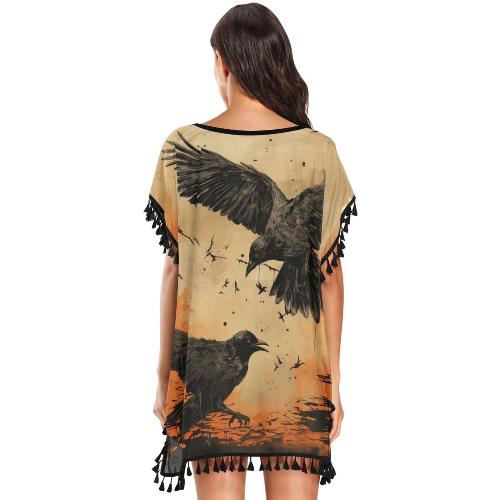 Sketch Art Eagle Women's Beach Cover Up Chiffon Tassel Swimwear Swimsuit Coverups for Girl
