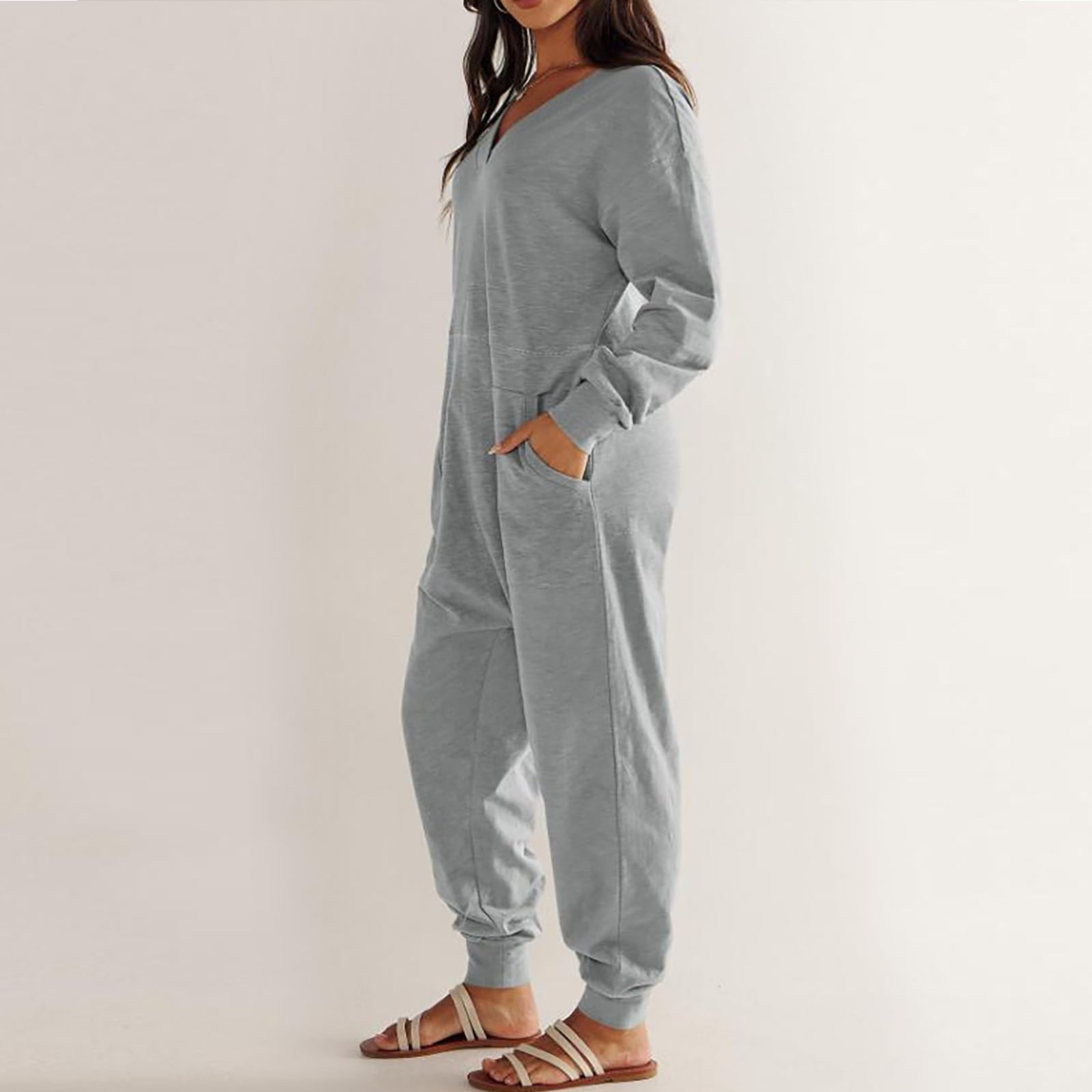 Jumpsuit Damen Elegant, Playsuits Oversize Romper Langarm Overall V-Ausschnitt Jumpsuits Lässige Große Größe Hausanzug Atmungsaktiv Trainingsanzug Einteiler Bodysuit Mit Taschen Für Outdoor