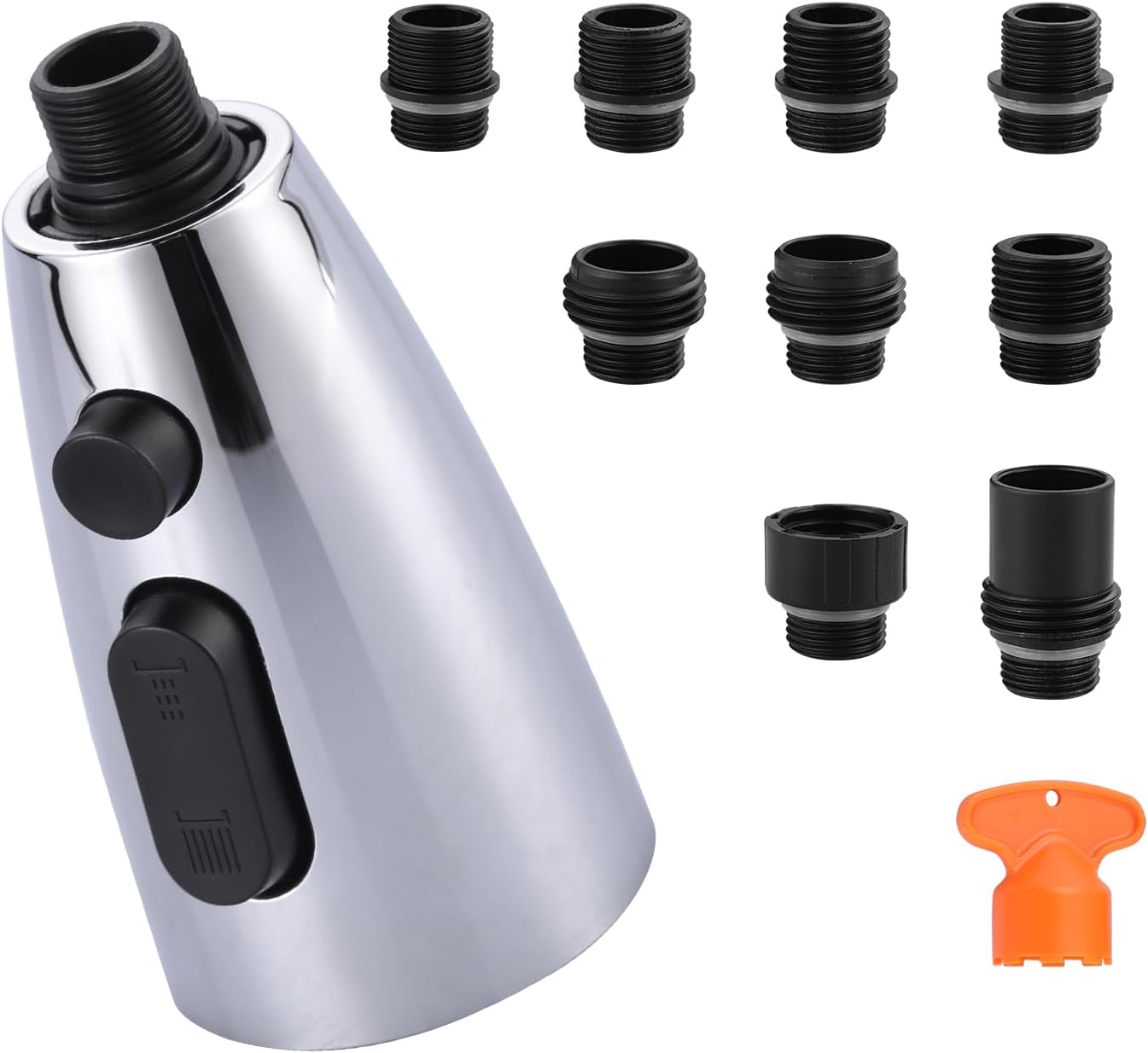 WOWOW Kitchen Faucet Head Replacement Chrome, 3 Function Pull Out Spray Nozzle with 9 Adapters for Kitchen Sink Faucet，US Standard for Moen Kohler Delta Faucets G1/2 Male Connector