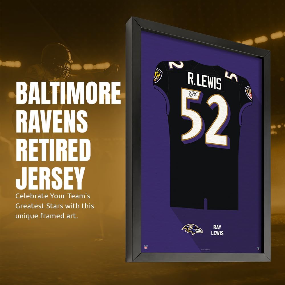 Sporticulture NFL American Football Baltimore Ravens - Ray Lewis Jersey Print Framed Wall Art Picture Poster for Boys Bedroom and Man Cave Decor - Ready to Hang, Black 14" x 20", Small