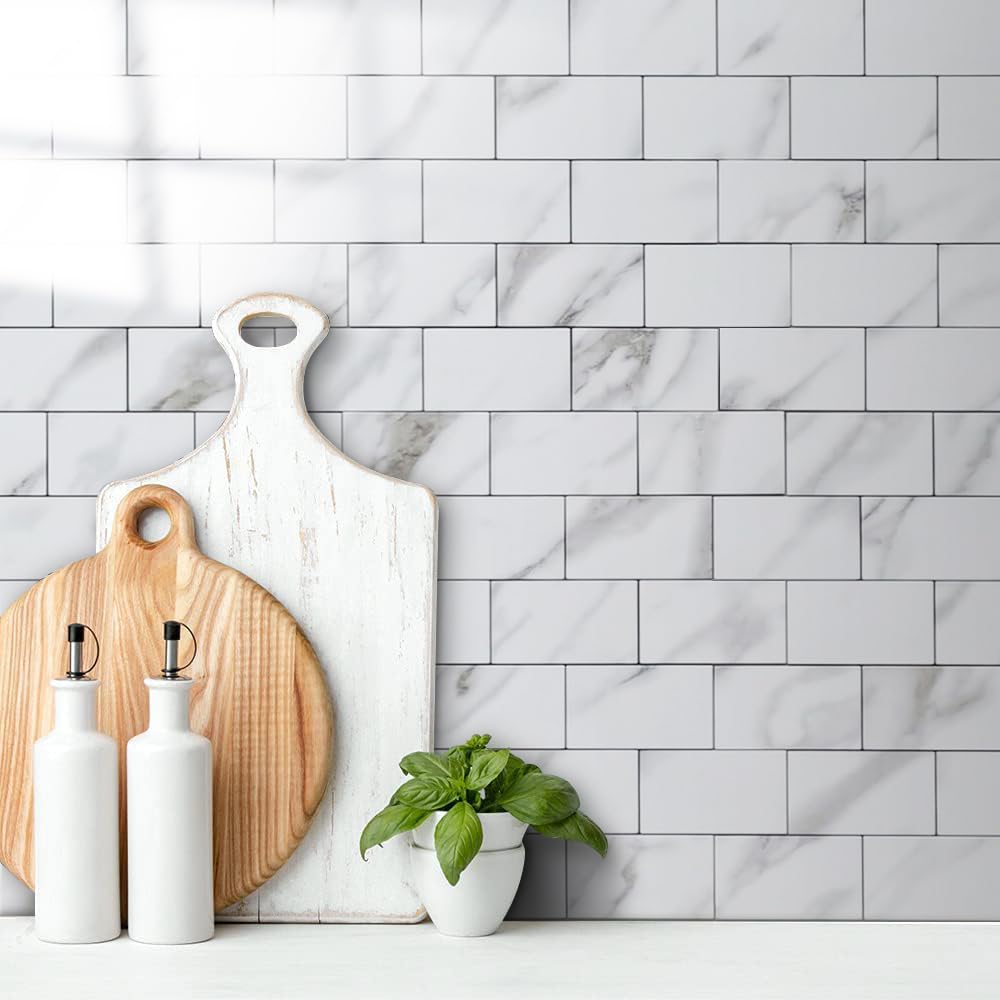 DICOFUN Azulejos de pared autoadhesivos de metro de 3 mm, mármol blanco pulido, adhesivos para azulejos de cocina y baño (10 azulejos)