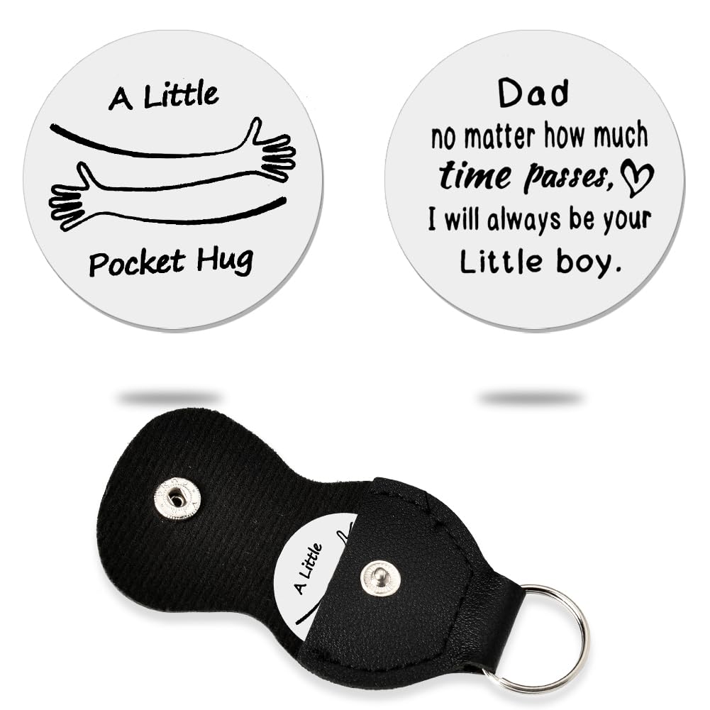 Pocket Hug Token Gifts for Dad from Son to My Dad Coin Keychain with Leather Protective Case Daddy Dad Gifts for Christmas Birthday Fathers Day Present Dad I Will Always Be Your Little Boy Key Chain