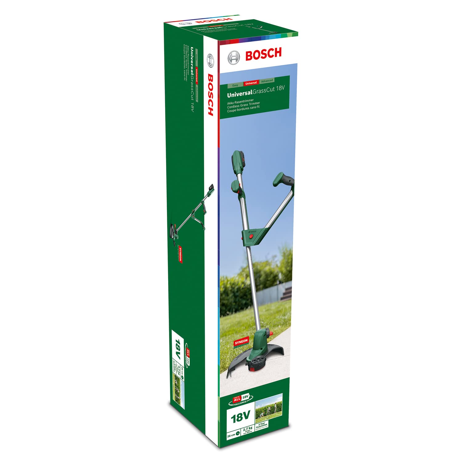 Bosch Home and Garden 06008C1D03, Cortabordes a Batería UniversalGrassCut, 1 x Batería 2.0 Ah, Sistema de 18V, Diámetro de Corte: 26 cm, Empuñaduras Ajustables, en Caja