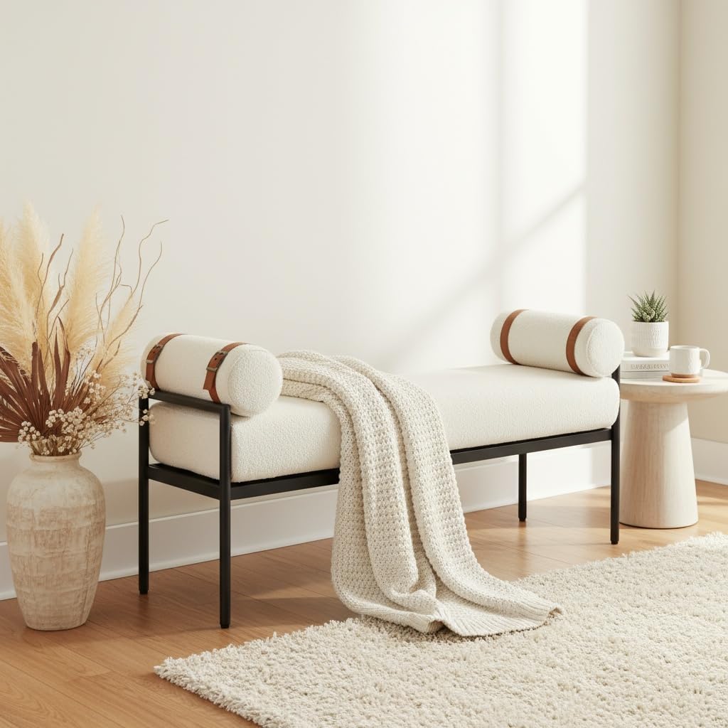 LukeAlon Modern 55" End of Bed Bench Long King Upholstered Sherpa Ottoman Bench with Arms & Detachable Strappy Pillows for Bedroom Entryway Window Bench with Black Metal Legs, White（Strap: Brown）