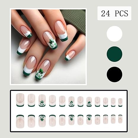 🍀 St. Patrick's Day Nails: Green & White French Tip Press Ons