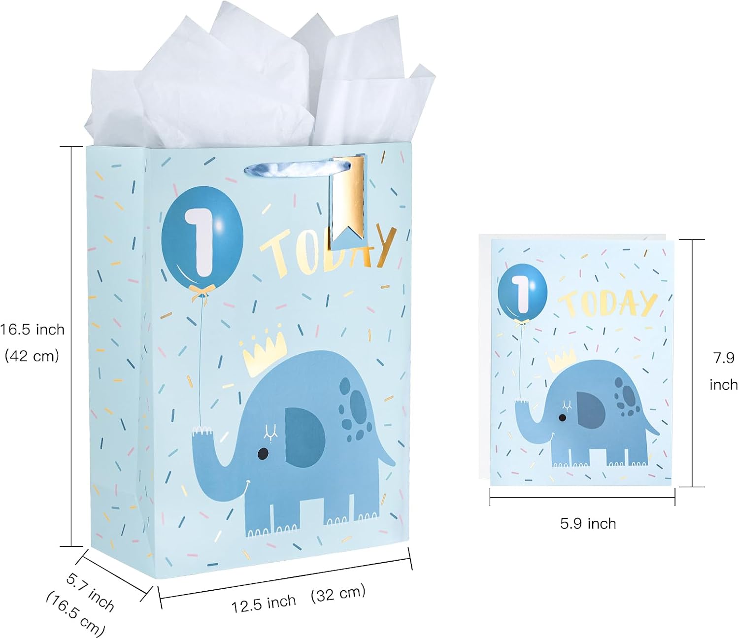 WRAPAHOLIC 16.5" Extra Large 1st Birthday Gift Bag with Card and Tissue Paper - Adorable Elephant Design for Baby Boy, Baby Shower, Party image 2