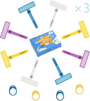 36 Pcs Guided Reading Strips, Dyslexia Tools for Kids, Colorful Text Overlays for Early Readers, ADHD Finger Trackers Highlight 24 Wands and 12 Removable Rings