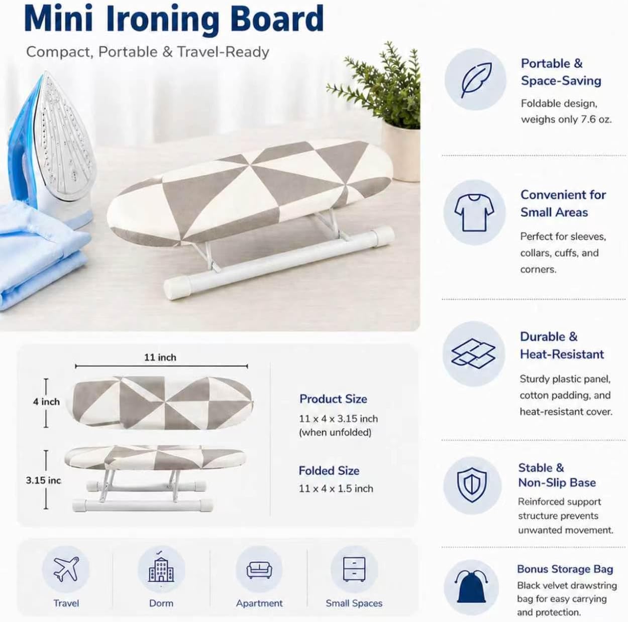Mini Ironing Board Tabletop - Portable Folding Small Ironing Board with Storage Bag, Gray Pattern Compact Iron Board for Travel, Sleeves, Collars and Small AreasSt