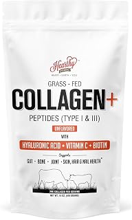 HEARTHY FOODS Collagen+ Powder - 18g Protein - Hydrolyzed Collagen + Biotin + Hyaluronic Acid & Vitamin C | Gluten Free No Sugar Non GMO 16 Oz