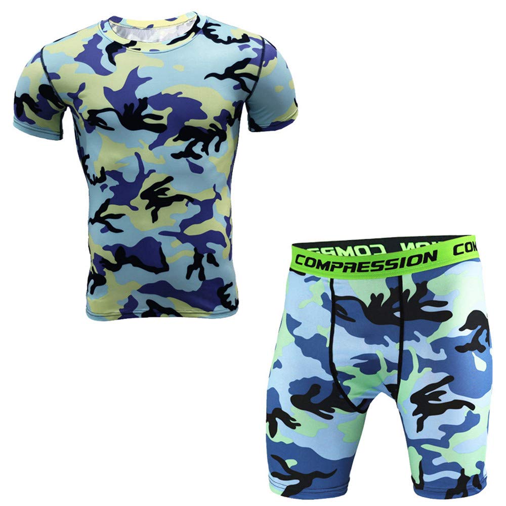 ZOOB MILEY Men's Compression Running Suits Sports Set Camo Gym Fitness Tights Shirts Shorts Blue Camo Tag 3XL