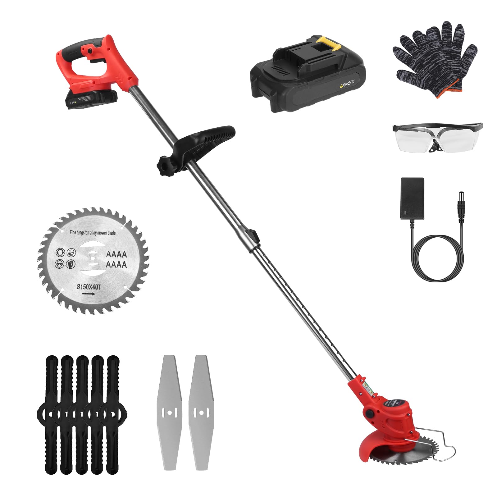 KOCASO Electric Cordless Grass Trimmer & Edger Weed Wacker Combo?Precision Cutting?2 Alloy Blades 5 Plastic Blades 2 Rechargeable Batteries Auxiliary Handle?Efficient Grass Cutter for Lawn Garden(Red)