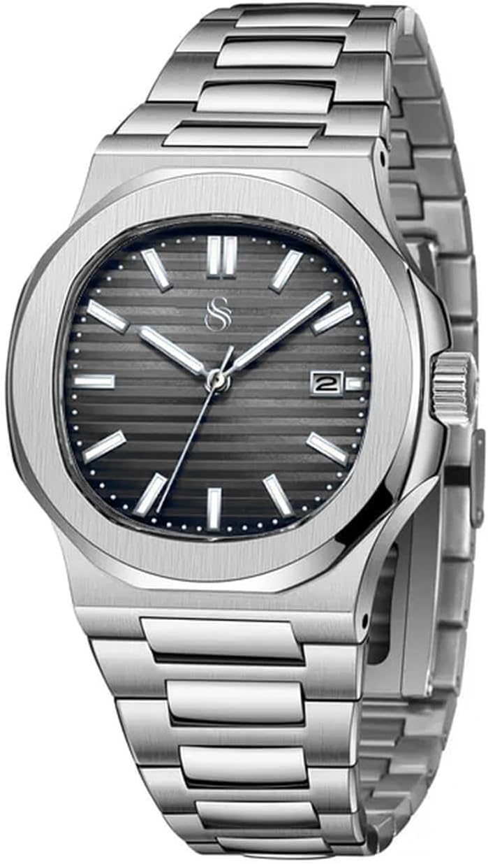 Silver Stainless Steel Analog Square Dial Date Display Wrist Watch for Men -PGNI85