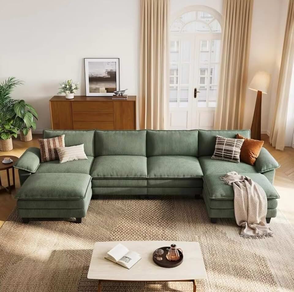 Oversized Corduroy Cloud Couch U Shaped with Movable Soft Comfy Sofa Set for Living Room
