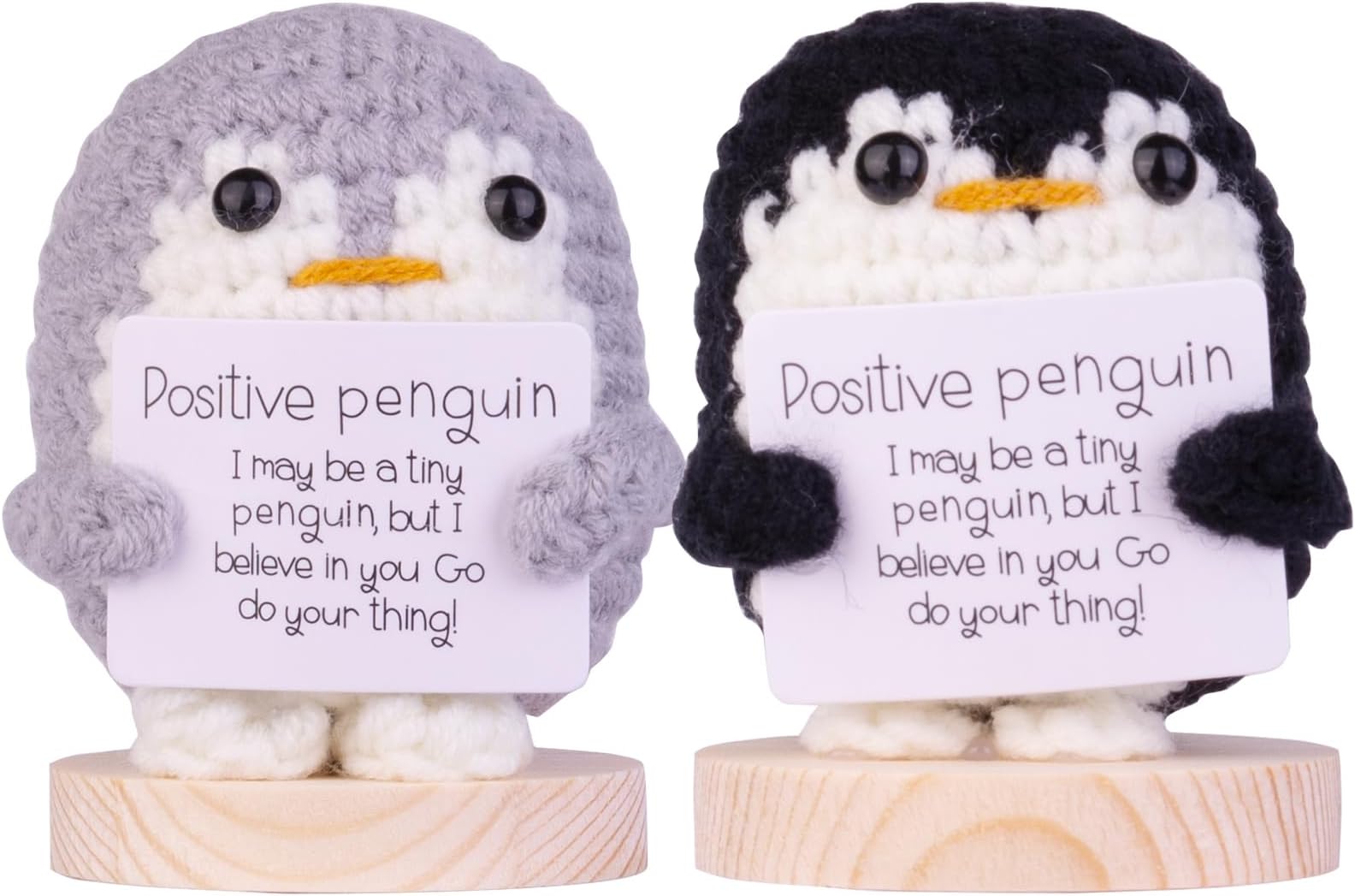 Handmade Emotional Support Penguin, Funny Positive Penguin Knitting Doll Gifts Car Dashboard Decorations with Wooden Base for Car Home Office(Grey&Black)