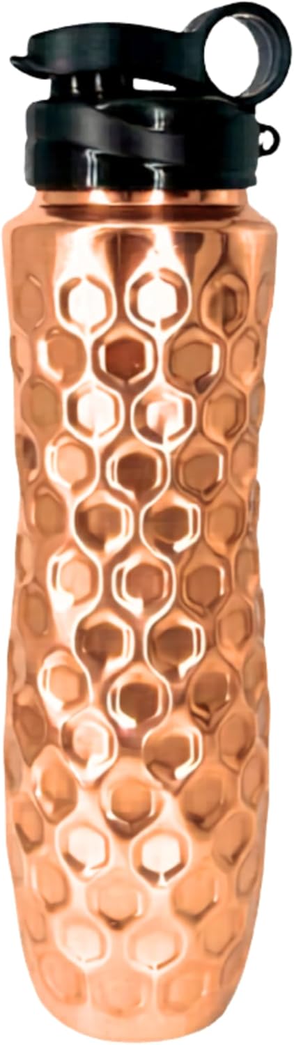 32oz Pure Copper Water Bottle (950ml) – Ayurvedic Drinking Bottle, Leak-Proof Lid, Cup Holder Friendly, BPA & PFAS Free, Smooth or Honeycomb Design (Honeycomb black)