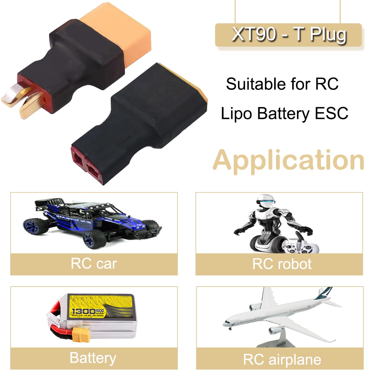 Xiatiaosann 4 sztuki XT90 adapter wtyczki na wtyczkę/gniazdo T, XT90 wtyk/gniazdo na wtyk T / gniazdo bez kabla adapter przyłącze do samochodu RC łodzi drona Lipo akumulator ładowarka