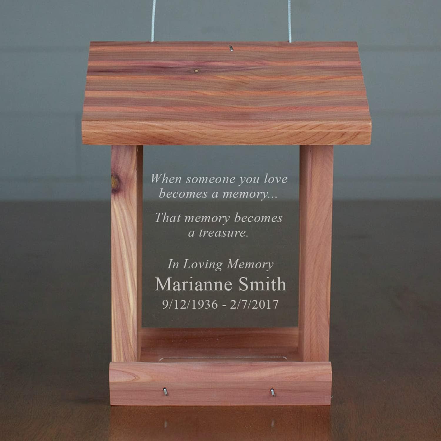 Custom Laser Engraved Sympathy Gift Memorial Bird Feeder Cedar Wood Made in USA and Includes Your Personalized in Loving Memory Inscription