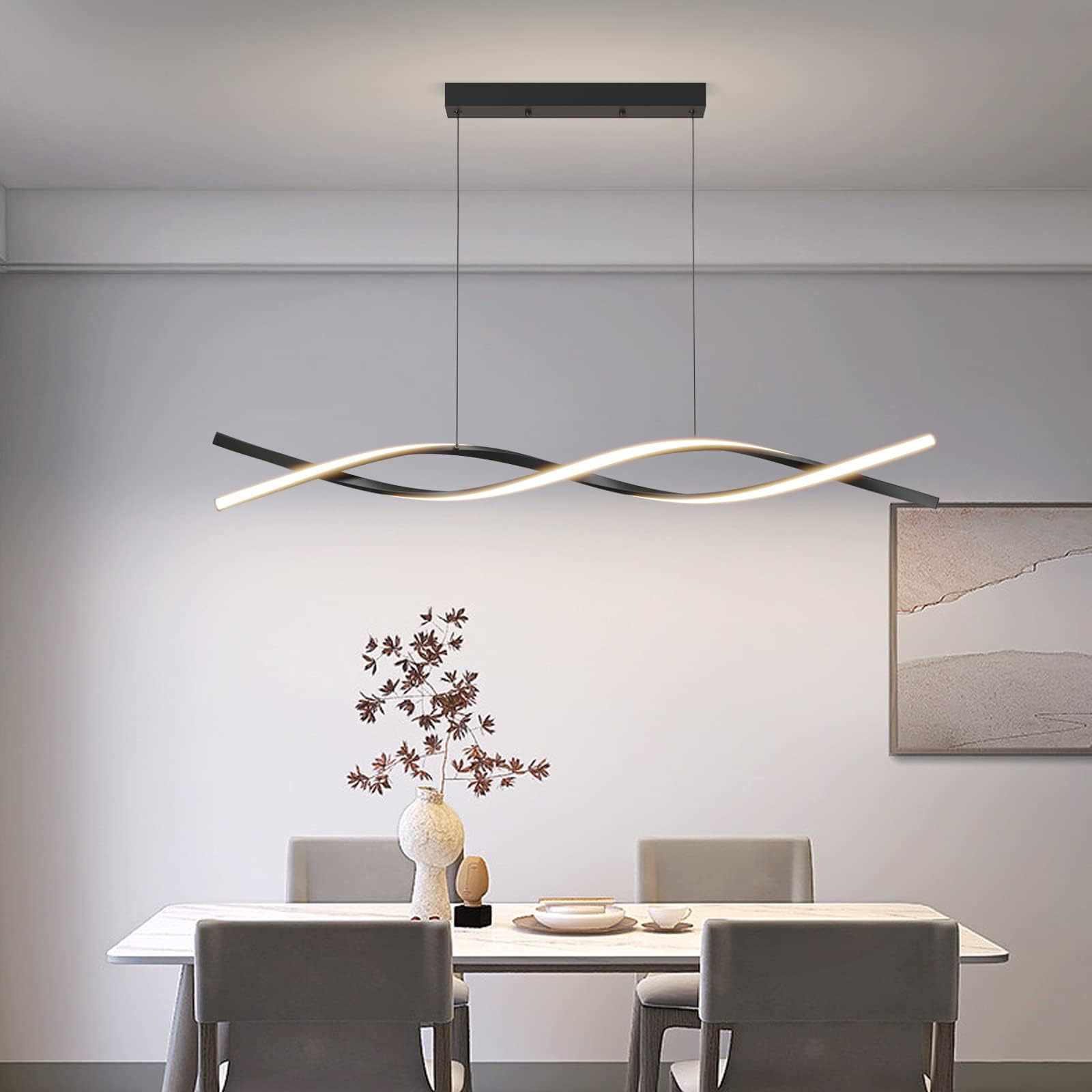 Mikeru 120CM Wave Pendant Light, Black Creative LED Dining Lights 3000/4500/6000K Dimmable 10% to 100% Pool Table Lighting Adjustable Kitchen Island Lamp for Living Room, Bedroom — image 1