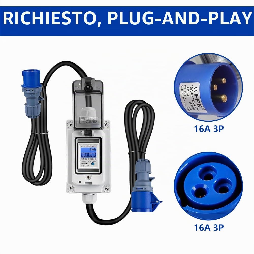 Contatore Elettrico Digitale Mobile, 230 V 16A Contatore di Corrente Digitale Portatile con LED/Reset, Misuratori per esterni con IP65, per Camper,Veicoli Elettrici,Case