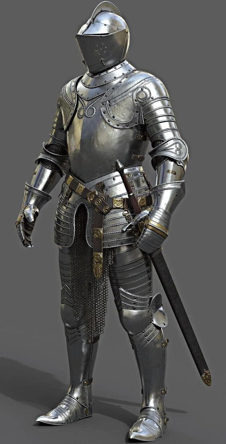 Crafts and Engraving Medieval Knight Full Suit of Steel Armor, Combat Full Body Wearable Suit Costume Home Decor Knight, Grey