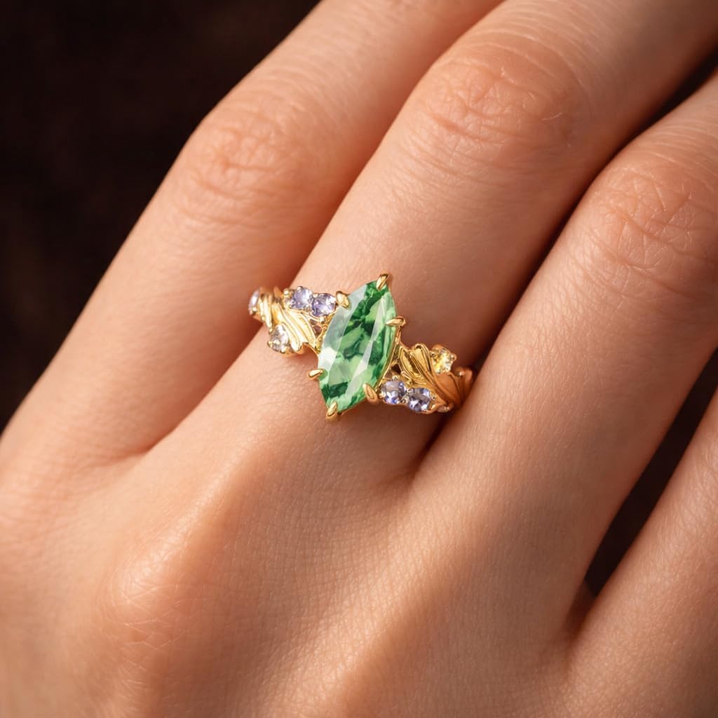 14K Yellow Gold Moss Agate Engagement Ring Leaf Ring with Lavender Accent Stones Vintage Alternative Promise Art Deco Jewelry Gift for Her