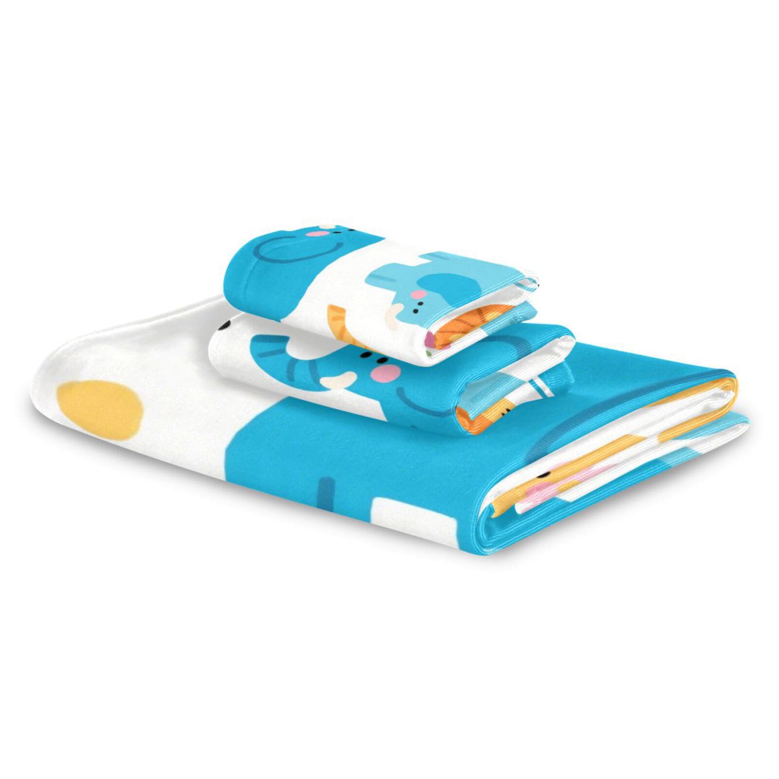 Set di 3 asciugamani decorativi per il viso con elefante e leone in stile cartone animato, 1 asciugamano da bagno, 1 asciugamano per le mani, 1 panno per cucina, bagno, yoga, palestra